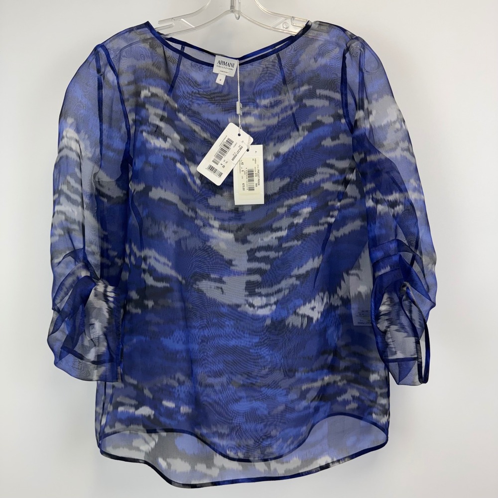 Armani Collezioni Blue Abstract Print Sheer Ruffle Sleeve Silk Blouse Size 6 NWT